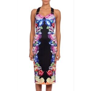 Ted Baker Floral Print Cross Back Midi Sheath Cocktail Dress Black Size 8/TED 3